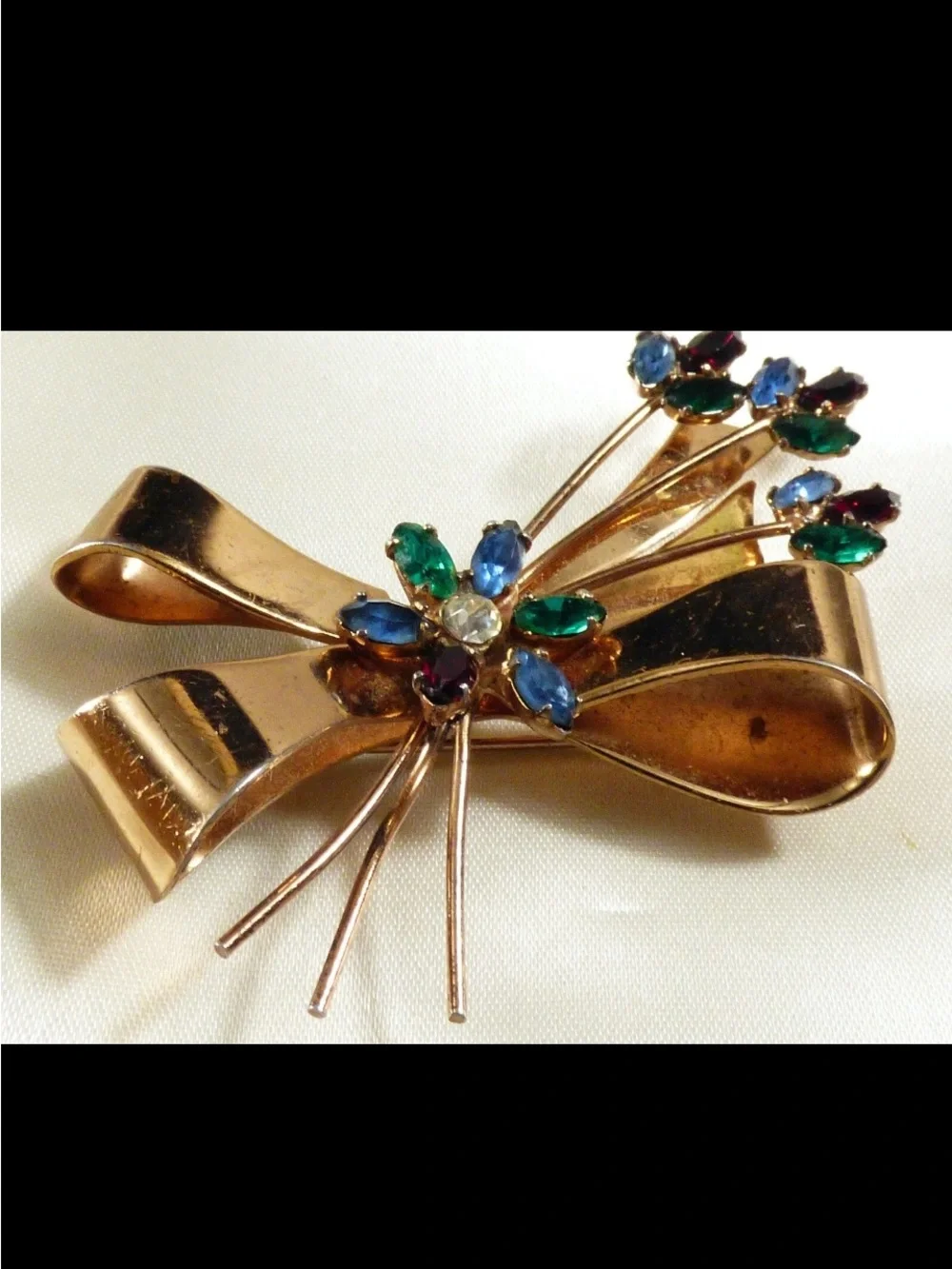 Coro Gold-Tone Bow Brooch with Blue, Green and Clear Stones